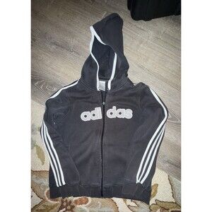 Vintage Y2K Adidas Hoodie Black Silver Spellout 3 Stripe Women's Size Medium